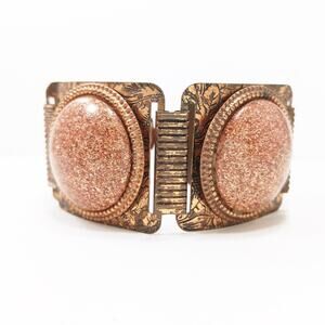 1950s Copper Glitter Lucite Cabochon Bracelet Selini Style Vintage Wide Links